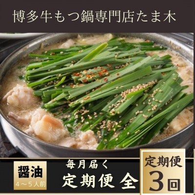 【毎月定期便】【博多牛もつ鍋専門店たま木】牛もつ鍋セット醤油味(4～5人前) 牛もつ肉800g全3回