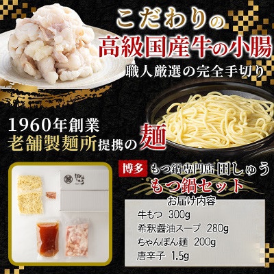 【毎月定期便】【博多もつ鍋専門店　田しゅう】高級国産牛小腸使用　もつ鍋　醤油味　2～3人前全3回