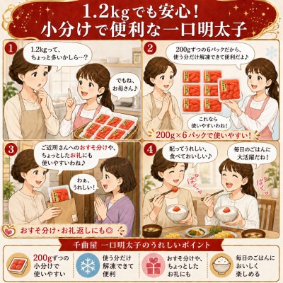千曲屋　一口明太子1.2kg〔200g×6P〕小分けで便利!お裾分けにも!