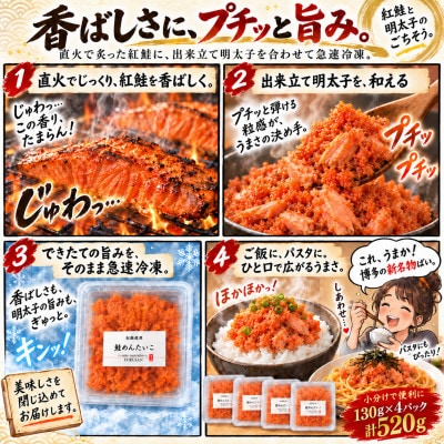 直火焼き!炙り紅鮭明太子【荒ほぐし】130g×4P　明太子屋が本気で作った至極の逸品!　