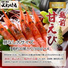 大好評!越前甘エビ 2kg【卵なし大サイズ】(1箱約30尾入りを4箱お届けします)