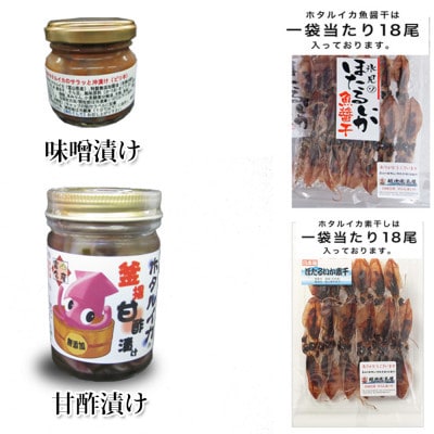 ホタルイカ沖漬け 4種(大3,小1品) 甘酢漬け 素干し 魚醤干し 7品セット(B1セット)