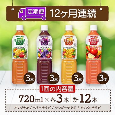 【毎月定期便】カゴメ 野菜生活100 PET 720ml 4種 計12本 那須塩原市全12回