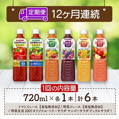【毎月定期便】カゴメ 野菜ジュース 飲み比べ PET 720ml 6種 計6本 那須塩原市全12回
