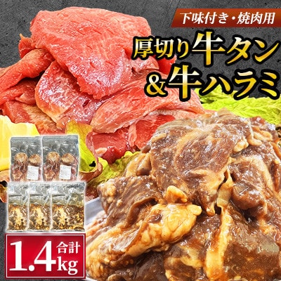 【福岡県水巻町よりお届け】厚切牛タン250g×2&味付き牛ハラミ300g×3セット 下味付き 焼肉用