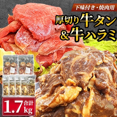 【福岡県水巻町よりお届け】厚切牛タン250g×2&味付き牛ハラミ300g×4セット 下味付き 焼肉用