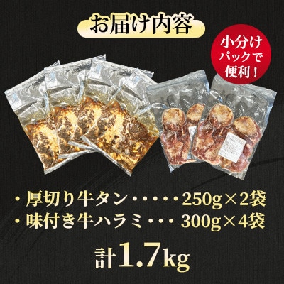 【福岡県水巻町よりお届け】厚切牛タン250g×2&味付き牛ハラミ300g×4セット 下味付き 焼肉用