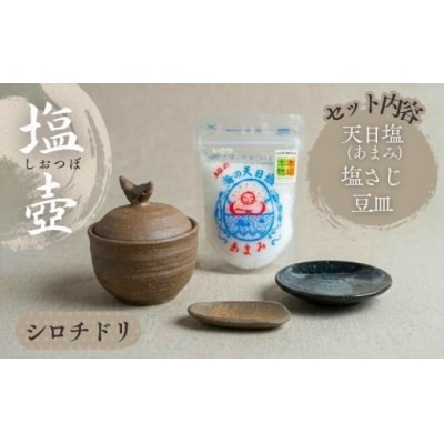 シロチドリの塩壷と塩さじと豆皿のセット 天日塩あまみ1袋付き [1656]