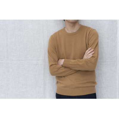 〈白田のカシミヤ〉のベビーカシミヤ ラウンドネックプルオーバー(キャメル)男性用サイズ:LL