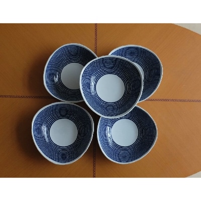 【波佐見焼】φ20×6cm多用鉢5個組藍染駒筋【西海陶器】5　32561