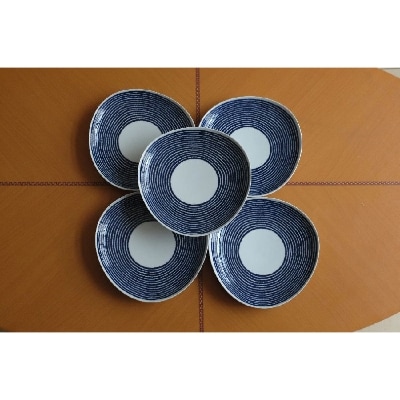 【波佐見焼】φ20.5×3.5cm多用皿5枚組藍染駒筋【西海陶器】5　32564