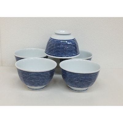 【波佐見焼】φ13.5cm軽量小さめ丼5個組藍染駒筋【西海陶器】5　32567