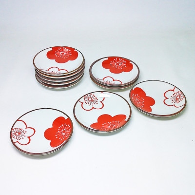 【波佐見焼】赤絵梅紋　小皿10個組(径10×2cm)【西海陶器】　10　54983