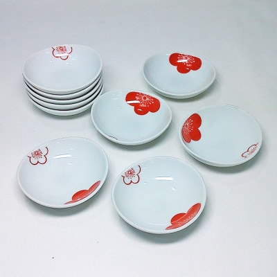 波佐見焼】赤絵梅紋 楕円小付10個組(8×7×2cm)【西海陶器】10 74306