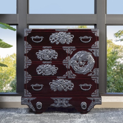 仙台箪笥 中型車箪笥 木地呂漆塗り 彫金手打金具(源氏花車・鳳凰) 申込書返送後8～12ヶ月でお届け