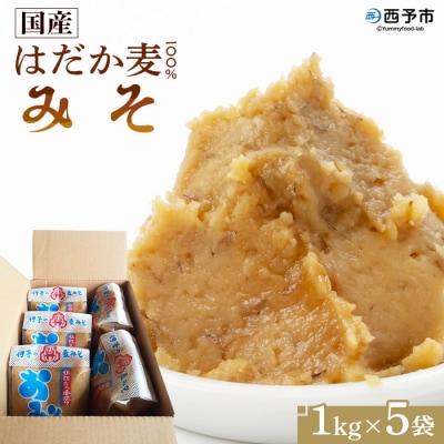<天然醸造　国産はだか麦100%味噌(1kg×5個)>　みそ　ミソ　裸麦　発酵　西予市　三瓶　