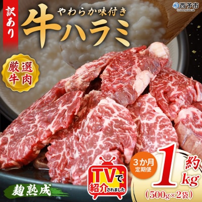 【定期便3ヶ月】<やわらか 味付き 牛ハラミ 約1kg 麹熟成>肉 おいしい 愛媛