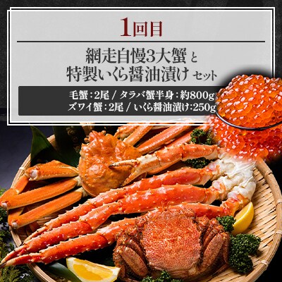 【毎月定期便】オホーツク網走自慢人気のプレミア3大蟹と海鮮グルメ全3回