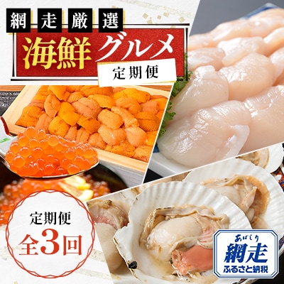 【毎月定期便】網走厳選の海鮮グルメ定期便(バフン雲丹とイクラ醤油漬け・刺身帆立・片貝ホタテ)全3回
