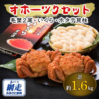 オホーツクセット【毛がに330g前後×2尾、いくら400g(鮭卵)、ホタテ貝柱500g】