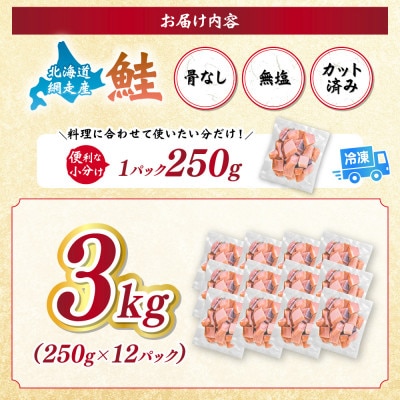 【訳あり】網走産 天然サイコロサーモン(骨抜き) 3kg(250g×12パック)