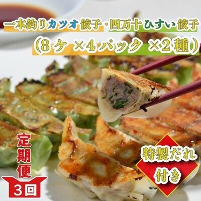 【3回定期便】四万十ひすい餃子・一本釣りかつお餃子(8ヶ×4パック×2種)・たれ付き にんにく不使用