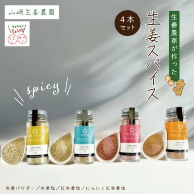 【山﨑生姜農園】生姜農家のスパイス4本セット(生姜塩・紅生姜塩・にんにく紅生姜塩・生姜パウダー)