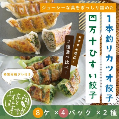 四万十ひすい餃子・一本釣りかつお餃子(8ヶ×4パック×2種)タレ付き　にんにく不使用 26-014