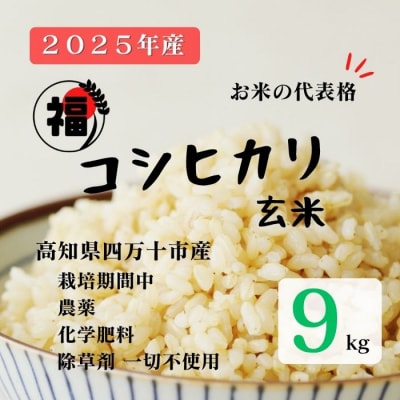 【令和7年産】四万十市産コシヒカリ 玄米 9kg(栽培期間中農薬・ 化学肥料・除草剤不使用)