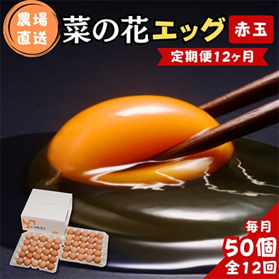 【毎月定期便】菜の花エッグ 赤玉 50個 (25個入り×2パック) 全12回