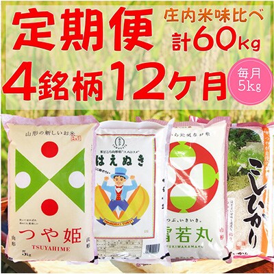 【発送月固定定期便】庄内米 4銘柄味比べ　5kg 全12回