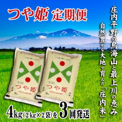 【毎月定期便】山形県の米どころ庄内平野で育った庄内米　つや姫4kg全3回
