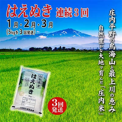 2023年1月発送開始『定期便』 米どころ庄内米はえぬき5kgを3ヶ月連続で発送　全3回
