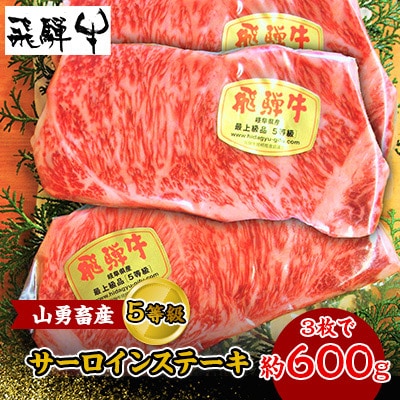 一貫生産農家　山勇畜産の5等級飛騨牛限定　サーロインステーキ　3枚で約600g