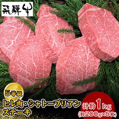 飛騨牛5等級のヒレ肉・シャトーブリアンステーキ5枚で計1kg