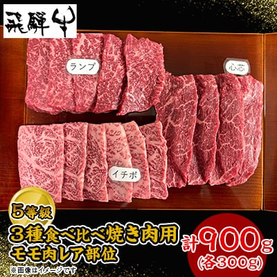 飛騨牛5等級モモ肉レア部位　ランプ、イチボ、心芯の3種焼き肉用食べ比べ　各300g　計900g