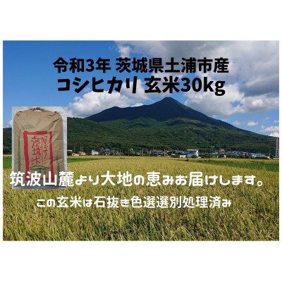 【3月中旬より発送コシヒカリ玄米30kg】令和3年筑波山麓ホタル舞う土浦市産　石抜き色彩選別機処理済