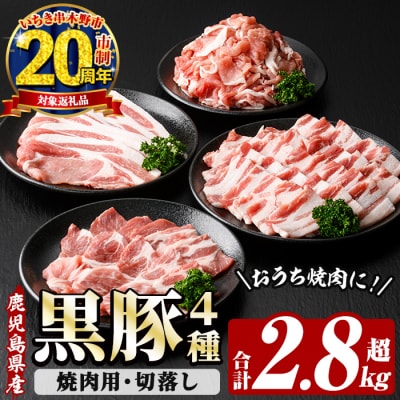 【家計応援】鹿児島県産!恵味の黒豚 焼肉+切落しセット (4種・合計2.8kg超!)