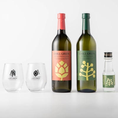 【家計応援】麦焼酎CHILL GREEN2種(720ml×各1本)ペアグラス付 お試し100ml付