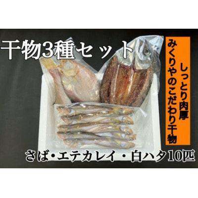 [冷凍]みくりやの干物3種セット(サバ 1枚、エテカレイ 2枚、白ハタ 10匹)　OM-37　