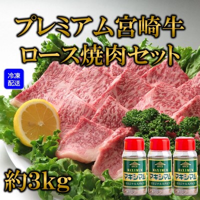 <プレミアム宮崎牛>ロース焼肉(約3kg)マキシマムスパイス3本付!【D-0106】