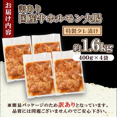 【訳あり】国産牛ホルモン大腸(特製タレ漬け)約1.6kg(約400g×4袋)【MI024】