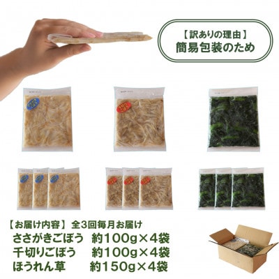 【発送月固定定期便】【訳あり】冷凍野菜3種ほうれん草　千切り・ささがきごぼう【MI407-A】全3回