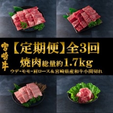 【毎月定期便】総量約1.7kg宮崎牛焼肉&amp;和牛小間切れ付き【MI241】全3回