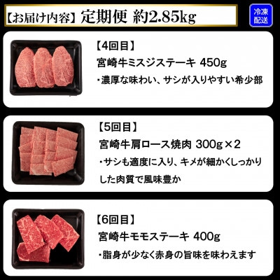 【毎月定期便】A4等級以上宮崎牛味わい尽くしヒレ・ミスジ込計約2.85kg【MI158】三股町全6回