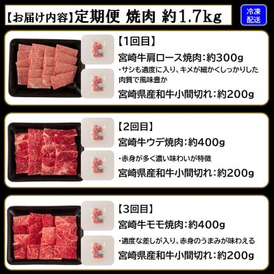 【毎月定期便】総量約1.7kg宮崎牛焼肉&和牛小間切れ付き【MI241】(三股町)全3回