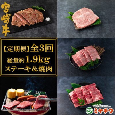 【毎月定期便】A4等級以上宮崎牛ステーキ焼肉味わいセット総量約1.9kg【MI238】三股町全3回
