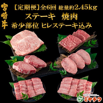 【毎月定期便】A4等級以上宮崎牛希少部位込みステーキ焼肉総量約2.45kg【MI240】三股町全6回