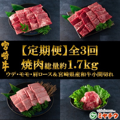 【発送月固定定期便】総量約1.7kg宮崎牛焼肉&和牛小間切れ付き【MI241】(三股町)全3回
