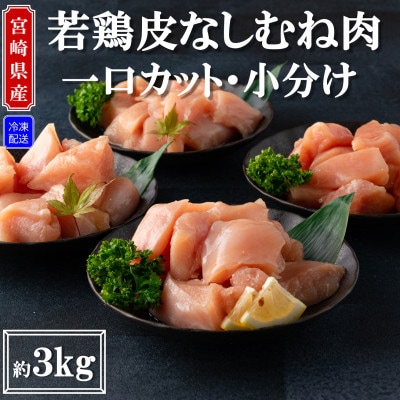 宮崎県産若鶏皮なしむね肉一口カット済み小分け 総量約3kg【MI183】